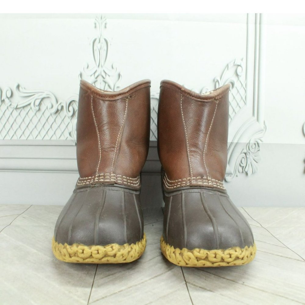 LL Bean Brown Leather Slip On Shearling Lined Ankle Duck Boots Size 8 Wide - Picture 4 of 8